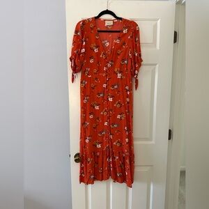 Floral Print Midi Dress, Burnt Orange